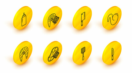 Set line Knife, Spatula, Fresh frozen steak meat, Fish, Fried chicken wing, Meat chopper, fish and Sauce bottle icon. Vector