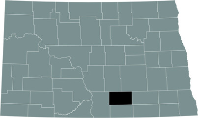 Black highlighted location map of the Logan County inside gray administrative map of the Federal State of North Dakota, USA