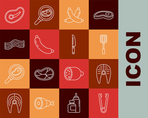 Set line Meat tongs, Fish steak, Spatula, Crossed sausage, Sausage, Bacon stripe, Steak meat and Knife icon. Vector