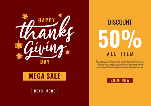 Mega sale Up To 50% off with maple leaves and pumpkins. Thanksgiving festival concept for your product image. Vector illustration for social media promotional content