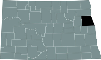 Black highlighted location map of the Grand Forks County inside gray administrative map of the Federal State of North Dakota, USA