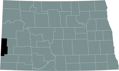 Black highlighted location map of the Golden Valley County inside gray administrative map of the Federal State of North Dakota, USA