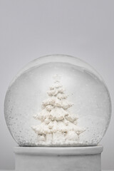 Close up of a white Christmas snow globe with white Christmas tree decorated with presents and gifts. White background with copy space available.