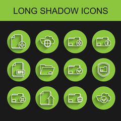 Set line Delete folder, Upload file document, Add new, Document protection, Cloud with check mark, and and icon. Vector