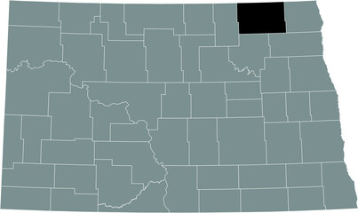 Black highlighted location map of the Cavalier County inside gray administrative map of the Federal State of North Dakota, USA