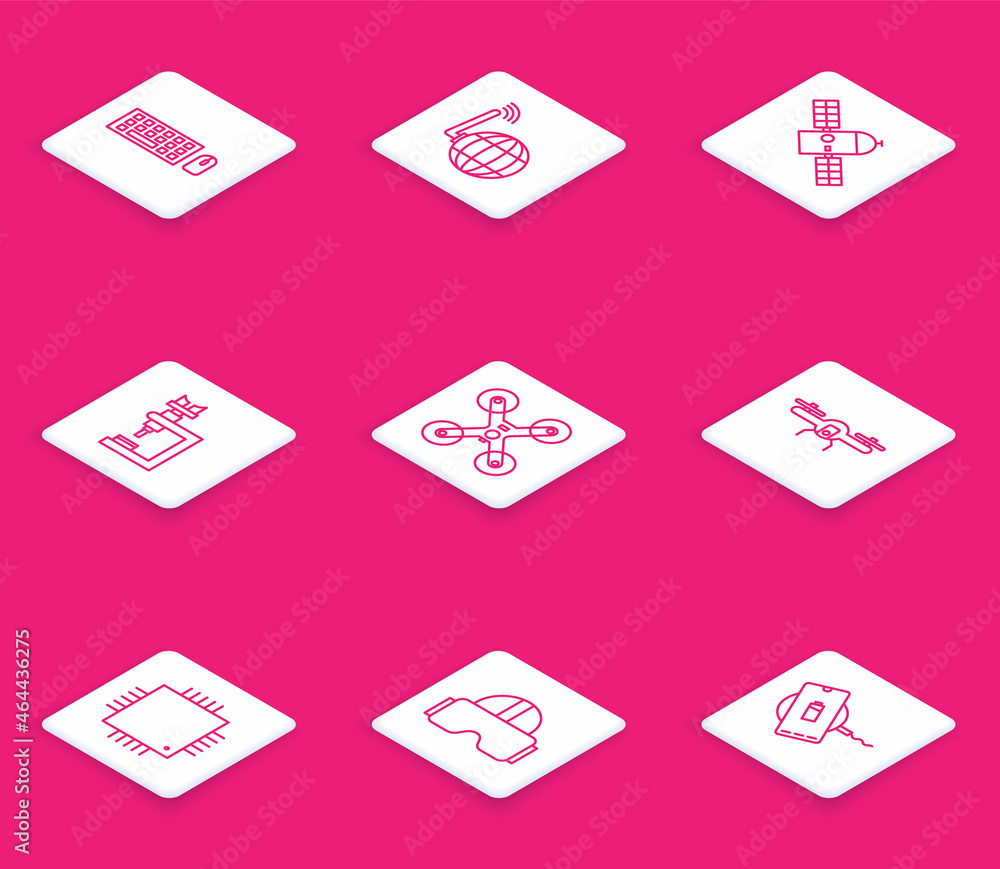 Poster Set line Keyboard and mouse, Social network, Satellite, Microscope, Drone flying, Processor with microcircuits CPU and Virtual reality glasses icon. Vector