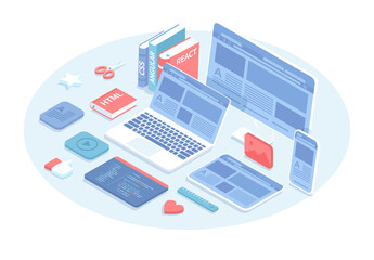 Front end development. Website UI UX interface on a monitor screen, laptop, tablet, phone. software development, front-end coding. Vector illustration in 3d design. Isometric web banner.	 - obrazy, fototapety, plakaty