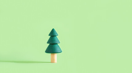 Three beautiful handmade wooden fir trees on the green background with the space for your design. Christmas or New Year decoration banner.
