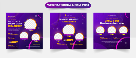 Set of social media post layout for online business live webinar invitation conference training speakers course and learning banner flyer poster template design