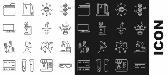 Set line Smart glasses, Robotic robot arm hand factory, Social network, Microscope, Tv, Document folder and UAV Drone icon. Vector