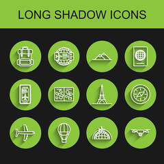 Set line Plane, Hot air balloon, Hiking backpack, Globe with flying plane, Drone action video camera, Passport pages visa stamps, Compass and Eiffel tower icon. Vector