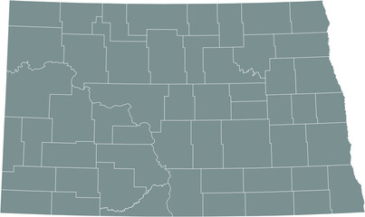 Gray vector administrative map of the Federal State of North Dakota, USA with white borders of its counties