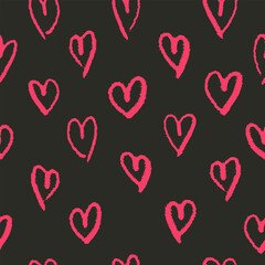Hand drawn hearts seamless pattern. Cute cartoon stylized simple shapes. Perfect for gift card, wallpaper, wrapping paper and package print, fabric and any surface design. Black and pink