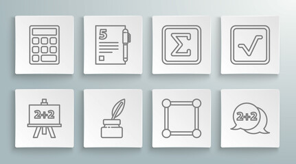 Set line Calculator, Open book, Chalkboard, with diagram, Geometric figure Cone, Square, and Triangle math icon. Vector