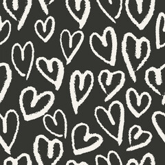 Hand drawn hearts seamless pattern. Cute cartoon stylized simple shapes. Perfect for gift card, wallpaper, wrapping paper and package print, fabric and any surface design. Black and white