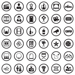 Hollywood Icons. Black Flat Design In Circle. Vector Illustration.