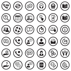 Help And Support Icons. Black Flat Design In Circle. Vector Illustration.