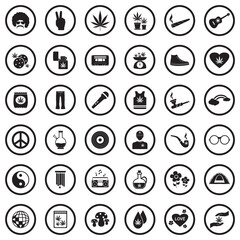 Hippie Icons. Black Flat Design In Circle. Vector Illustration.