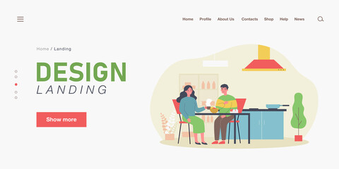 Happy couple having breakfast together. Boyfriend and girlfriend chatting at table in kitchen flat vector illustration. Romance, relationship concept for banner, website design or landing web page