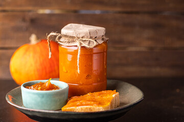 pumpkin jam blank canned food recipe sweet dessert fresh  meal snack on the table copy space food background rustic 
