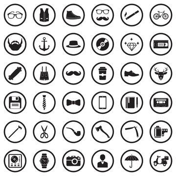 Hipster Icons. Black Flat Design In Circle. Vector Illustration.