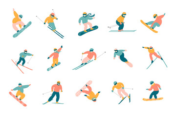 Active people snowboarding and skiing set. Cartoon vector illustrations of skiers and snowboarders jumping from mountain in action pose isolated on white. Winter extreme sport, competition concept - obrazy, fototapety, plakaty