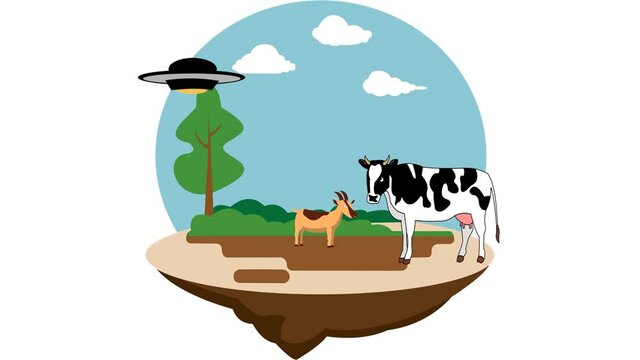 UFO kidnaps goats and cows. Illustration of Aliens Attack with spaceship and UFO light beam to Earth.