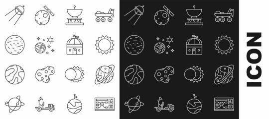 Set line Futuristic hud interface, Space capsule and parachute, Sun, Planet Saturn, planet, Mars, Satellite and Astronomical observatory icon. Vector