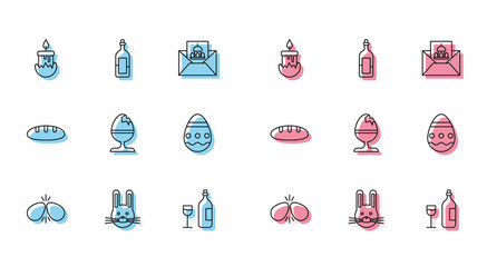 Set line Easter eggs, rabbit, Burning candle, Wine bottle with glass, Chicken on stand, Bread loaf and Bottle of wine icon. Vector