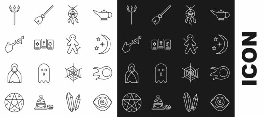 Set line Hypnosis, Fireball, Moon and stars, Dream catcher with feathers, Three tarot cards, Spell, Neptune Trident and Voodoo doll icon. Vector