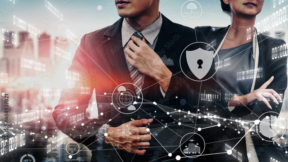 Poster cyber security and digital data protection conceptual . graphic interface showing secure firewall te