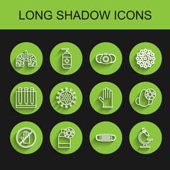 Set line No handshake, Bottle with virus, Virus cells in lung, Medical protective mask, Microscope, Runny nose and rubber gloves icon. Vector