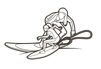 Group of Surfer Action Surfing Sport Players Cartoon Graphic Vector