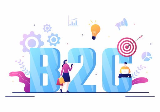 B2C or Business to Consumer Marketing Vector Illustration. Businessmen and Client Set Strategy, Sales, Commerce Reach the Agreed Transaction