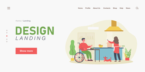 Obraz premium Wife cooking for her disabled husband. Cartoon vector illustration. Woman cooking dinner for smiling man sitting in wheelchair and happy dog in kitchen. Family, care, cooking, disability concept