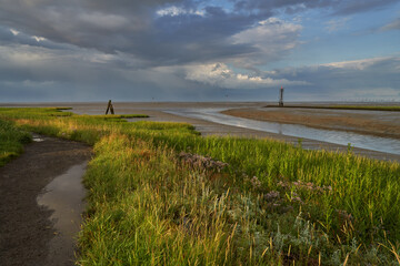 salt marshes, a vintage dolphin structure and a small lighthouse under vivid cloudy sky at the German North Sea coast in Fedderwardersiel