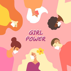 girl power poster. union of feminists or sisterhood. different ethnicity poster.International women´s day banner.lesbian community. Colorful vector illustration. Flat cartoon.Female friendship.grl pwr