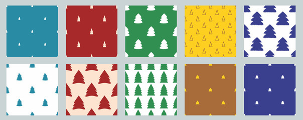 set of vector seamless Christmas simple patterns with Christmas trees.
