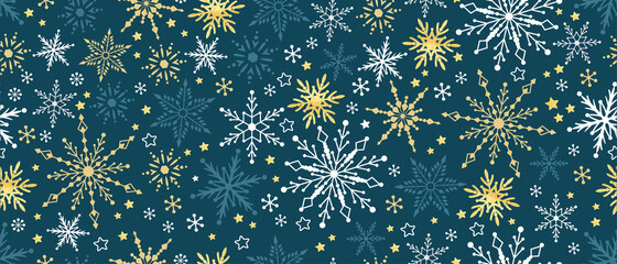 Winter pattern seamless background with snowflakes. Silver gold and neavy christmas motif