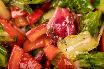 Vegetable salad of sliced tomatoes, cucumbers, sweet peppers, radishes and herbs, close-up, selective focus.