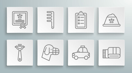 Set line Hair brush for dog and cat, Dog in muzzle, Pet car taxi, Towel stack, Grooming salon price list, food bowl and Certificate icon. Vector