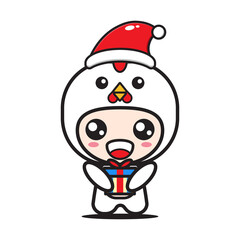 cute cartoon rooster with christmas gift