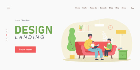 Fototapeta premium Single father reading book to children. Man with baby and son on sofa, adult and child holding books flat vector illustration. Family, leisure concept for banner, website design or landing web page