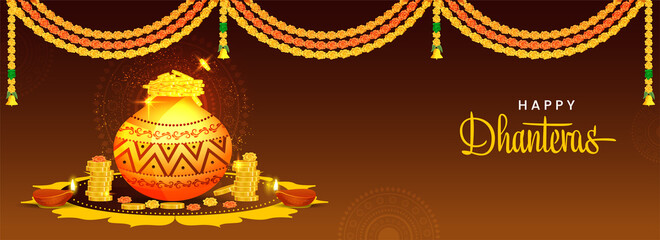 Happy Dhanteras Banner Or Header Design With Mud Pot Full Of Gold Coins, Lit Oil Lamps (Diya) And Floral Garland (Toran) On Brown Background.