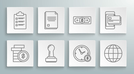 Set line Coin money with dollar symbol, File document, Stamp, Time is, Earth globe, Stacks paper cash, Mobile phone and credit card and Clipboard checklist icon. Vector