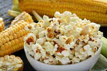 Bowl of vegan snack food- puffed popcorn.