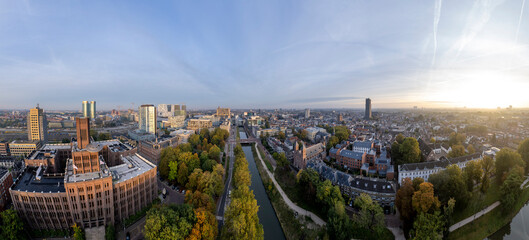 360 degrees aerial aerial of the medieval Dutch centre of Utrecht with Inktpot building and...