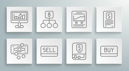 Set line Stacks paper money cash, Blockchain technology Bitcoin, Sell button, Financial book, Buy, Website with growth graph, Business finance report and Computer icon. Vector