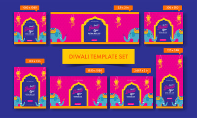 Diwali Sale Social Media Templates Collection With Cartoon Elephants In Pink And Blue Color.