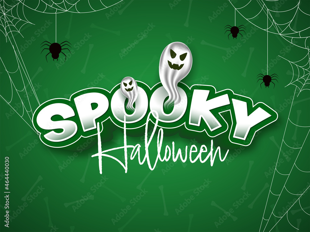 Sticker Sticker Style Spooky Font With Glossy Cartoon Ghosts And Spider Web On Green Bones Background For Halloween Party.